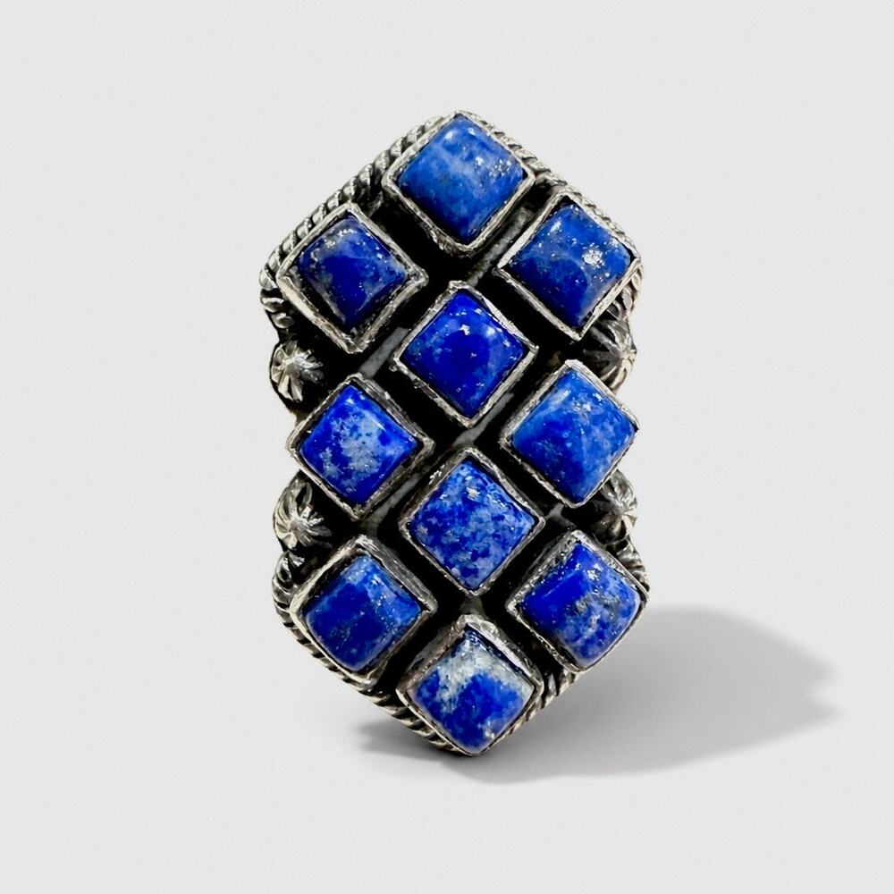 Lapis Lazuli Cluster Statement Sterling Silver Ring Size 7 BOHO